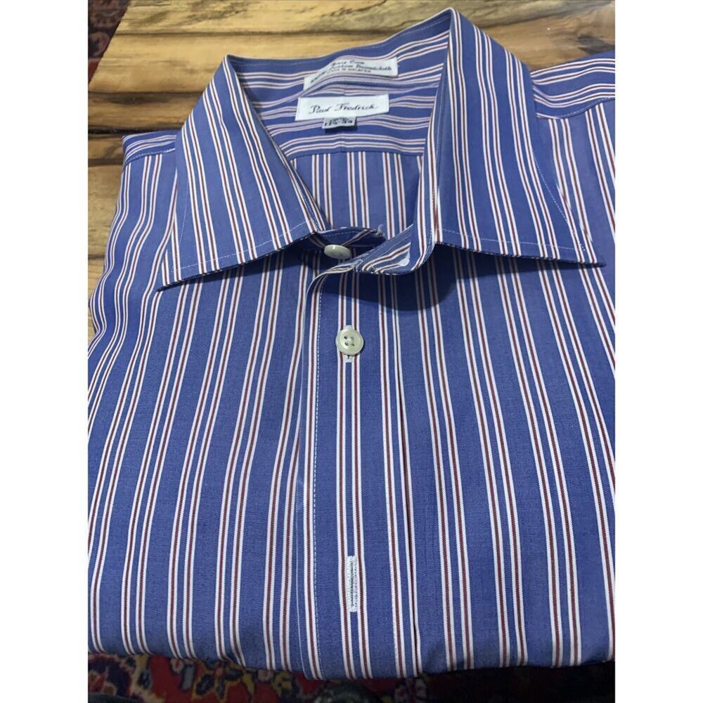Paul‎ Fredrick Dress Shirt Mens 17.5-34 Long Sleeve Red Blue White stripe